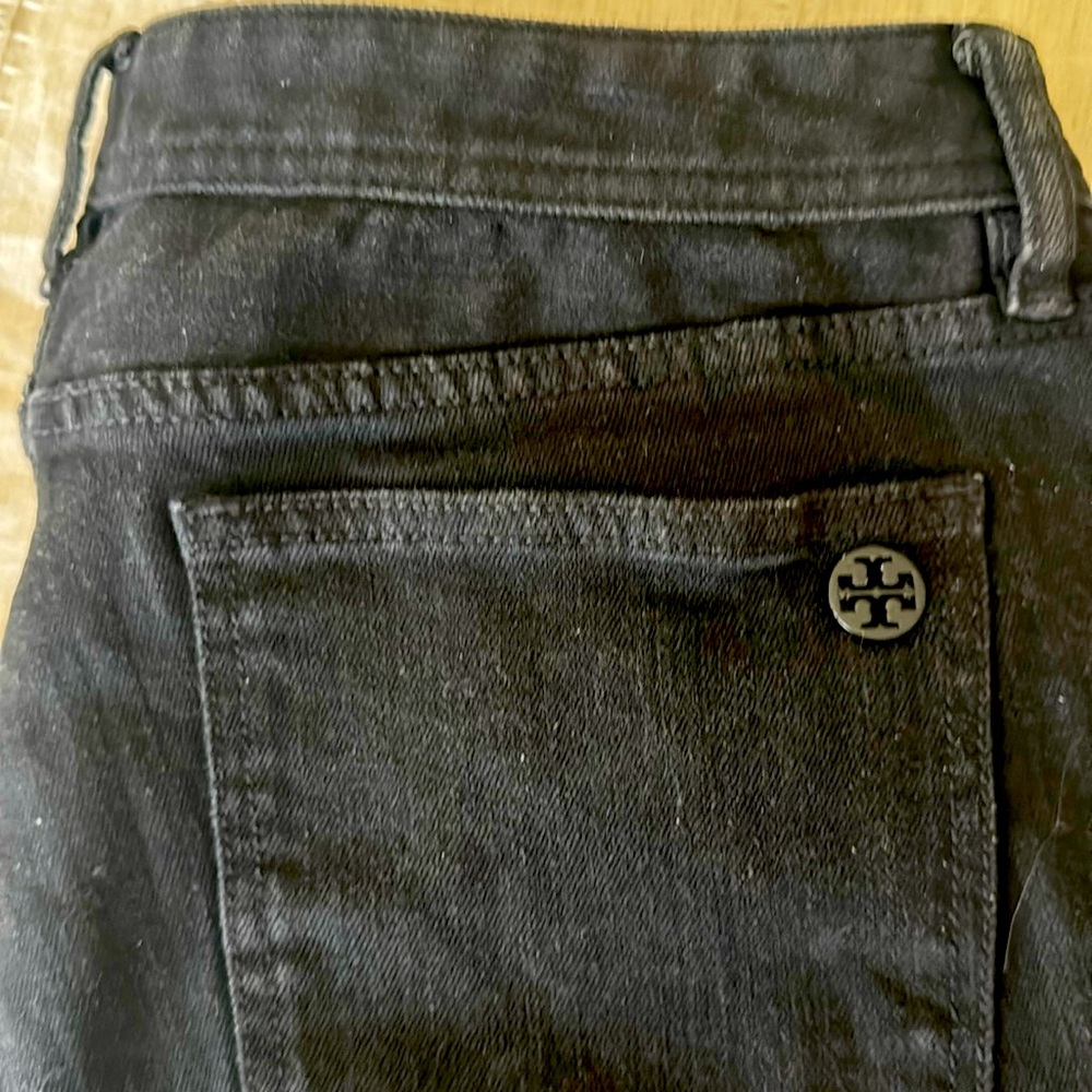 Tory Burch Classic Tory Boot Black Denim Jeans .